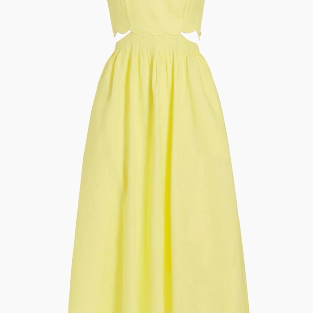 Zimmermann Yellow Linen Cotton Scallop Beaded Cut Out Long Dress Square Neck 0P